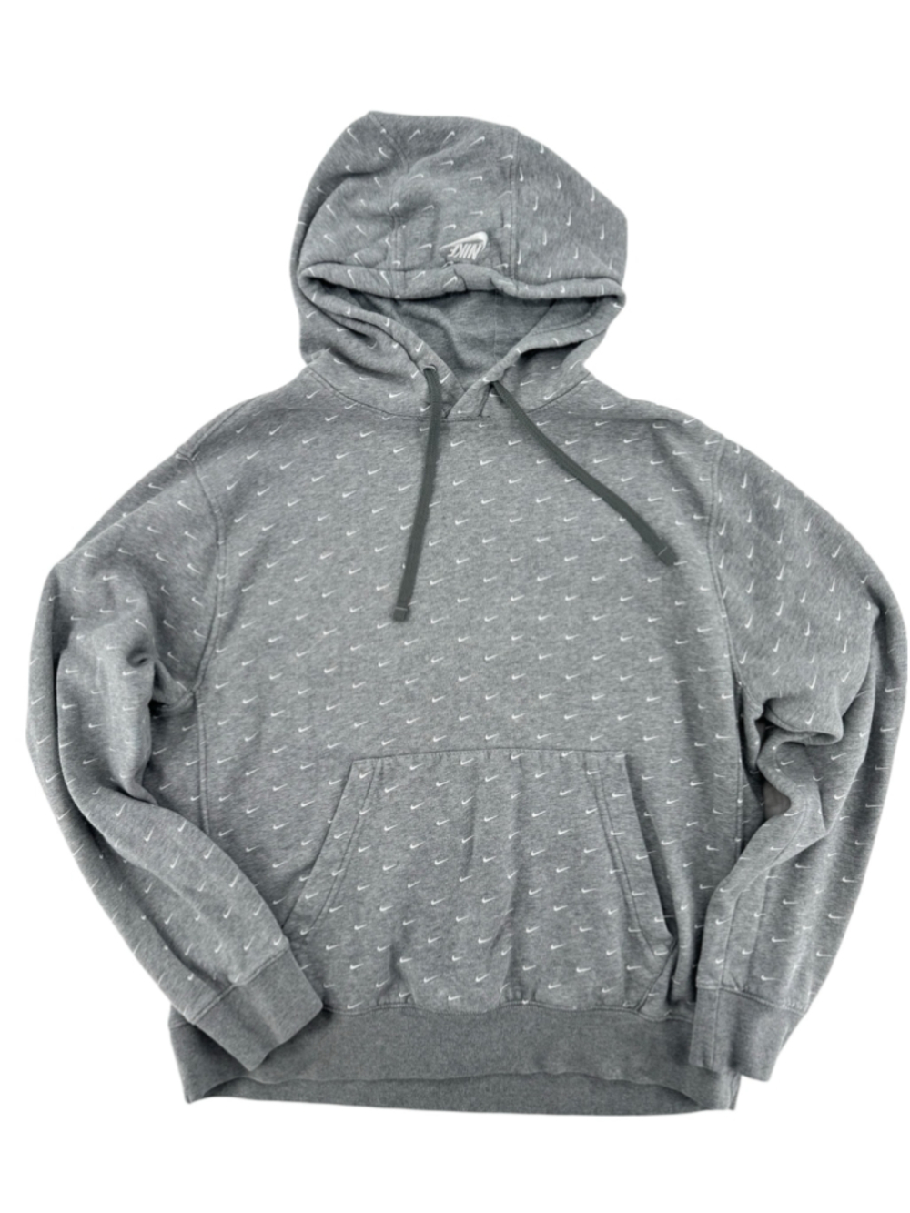 Nike All Over Swoosh Hoodie Gray White Lined Hood Cotton Poly Large Nano Y2K